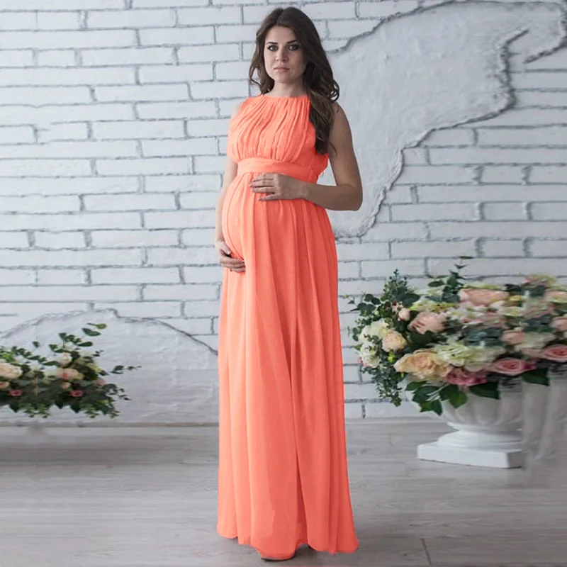 Летнее платье для беременных с круглым вырезом, без рукавов, большой размер, однотонное женское платье, платье для мамы, платье для беременных, новинка - Цвет: Orange