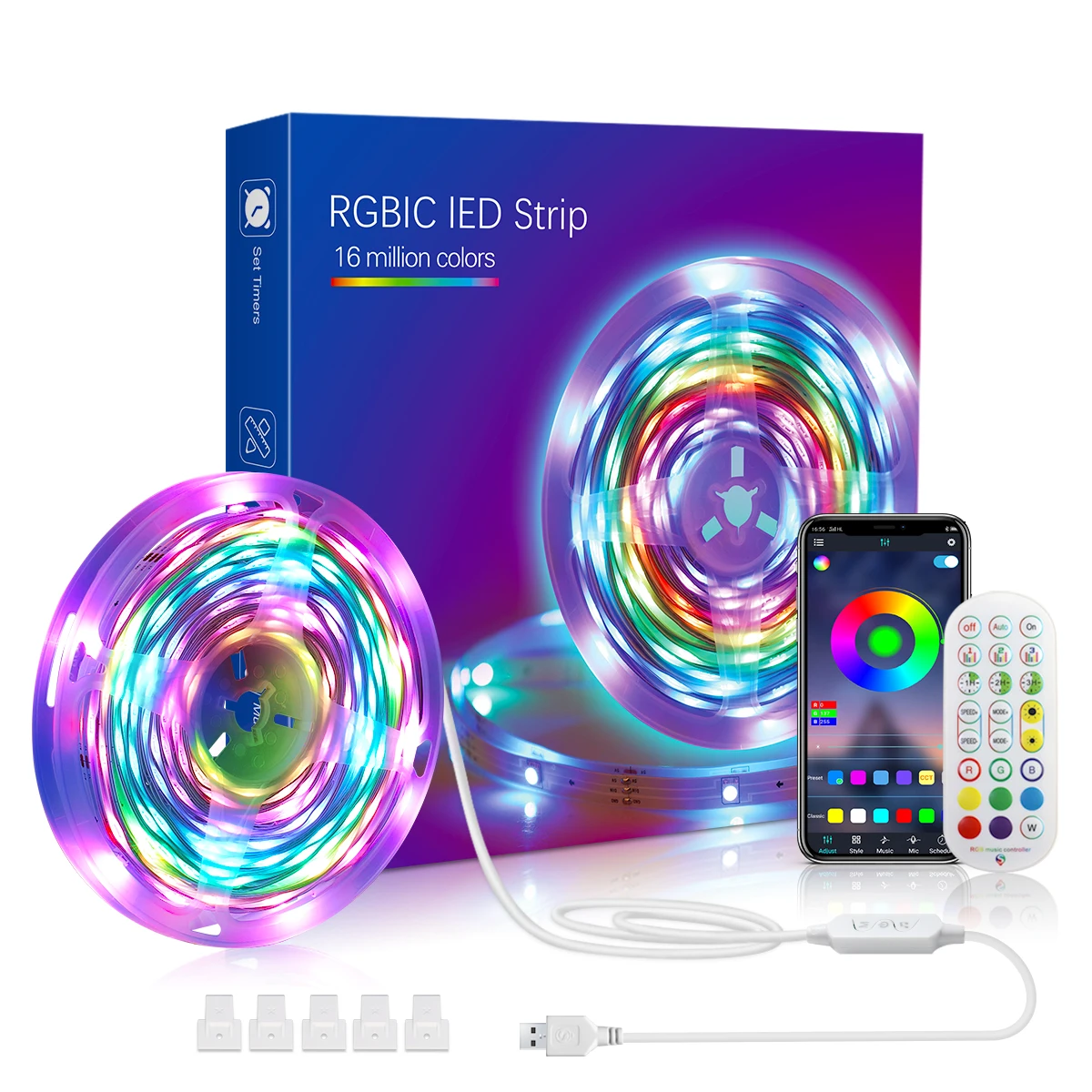 Home Decoration Bluetooth App Sound-activated USB DC5V Digital RGB IC Flexible LED Strip Light 5M 10M with Remote Controller