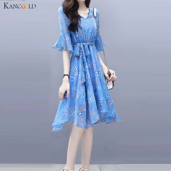 

KANCOOLD dress Women Slim V-Neck Short Sleeve Flare Sleeve Dress Winter Printed A-line Empire fashion new dress women 2019Nov1