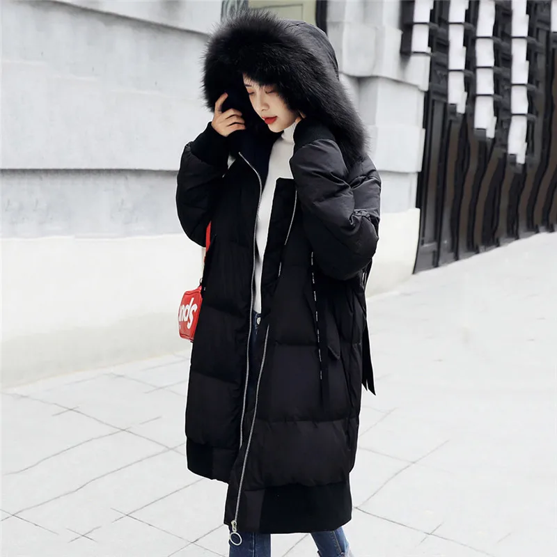 Женский белый пуховик зимний Средний размер Длинное свободное модное плотное теплое пальто женский большой меховой воротник пуховик JIU027 - Цвет: Черный