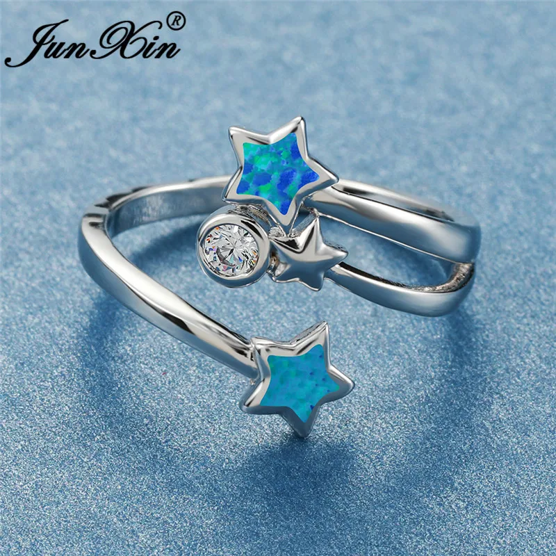 Cute Star Ring 925 Silver Color Blue Fire Opal Rings For Women Open Wedding Bands Zircon Dainty Engagement Ring Finger Jewelry