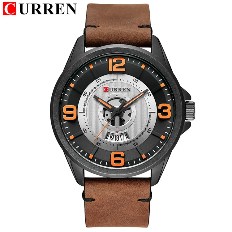 black gray orange Мужские часы лучший бренд CURREN кожаные Наручные часы аналоговые кварцевые часы для военных времени мужские водонепроницаемые часы модные Relojes Hombre - Цвет: black gray orange