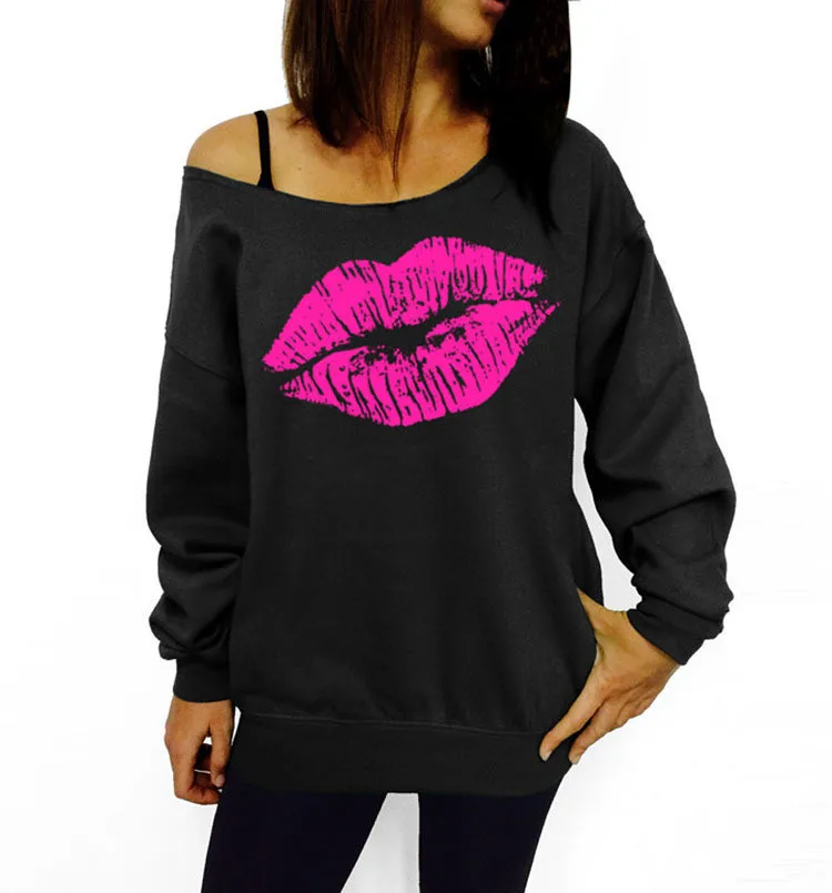 

New Long Sleeve Autumn Sweatshirt Red Lips Big Lips Pattern Slant Shoulder Sexy Women Top
