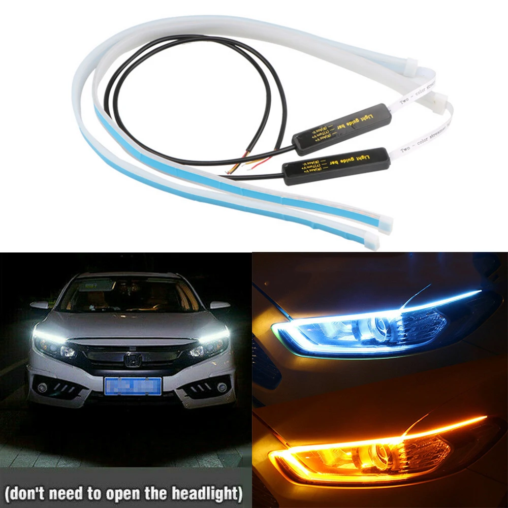 

2pcs Ultrafine Cars DRL LED Daytime Running Lights Hite Turn Signal Yellow Flexible LED Strip Guide LED for Headlight Assembly