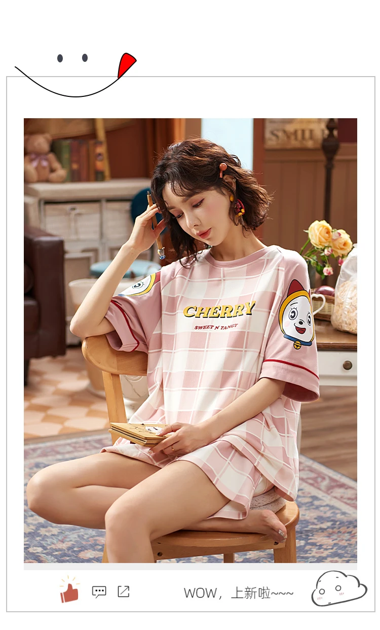 pajama joggers Korean Cute Women Pajamas Set Funny Japan Anime Doraemon Couple Sleepwear Couple Cotton Blue Stripe Short Sleeve Lovers Homewear mens pajama pants