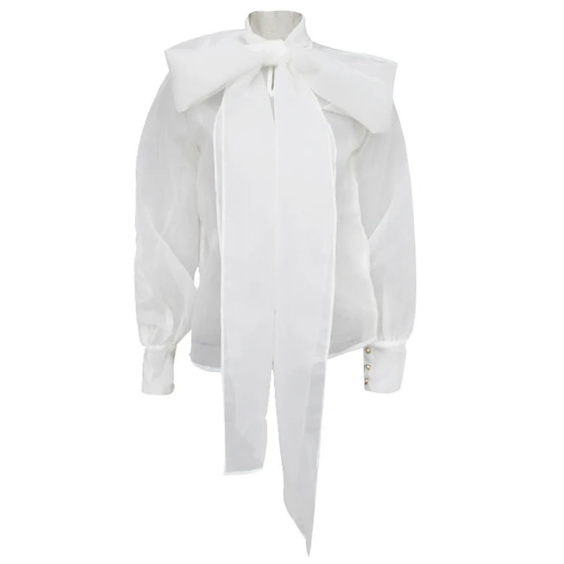 Elegant Perspective Womens Tops And Blouses Lantern Sleeve Lace Up Shirts Female Autumn Fashion New Office Ladies White Tops