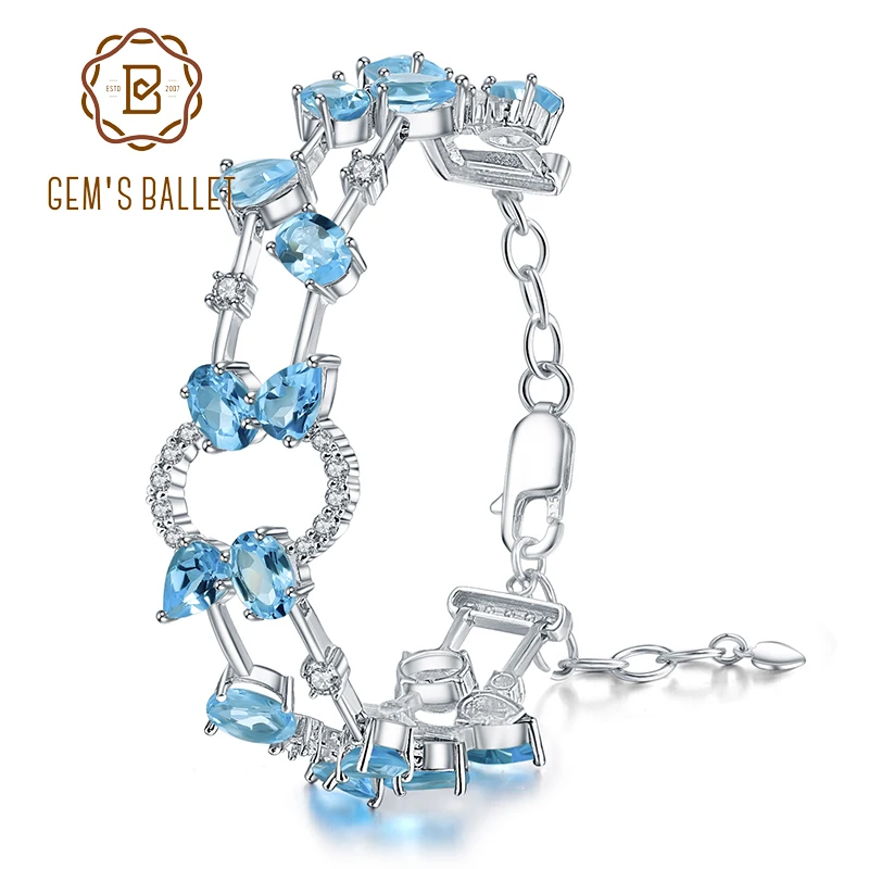 

GEM'S BALLET Pear Oval Natural Swiss Blue Topaz Bracelet 925 Sterling Silver Gemstone Chain Link Bangles For Women Fine Jewelry