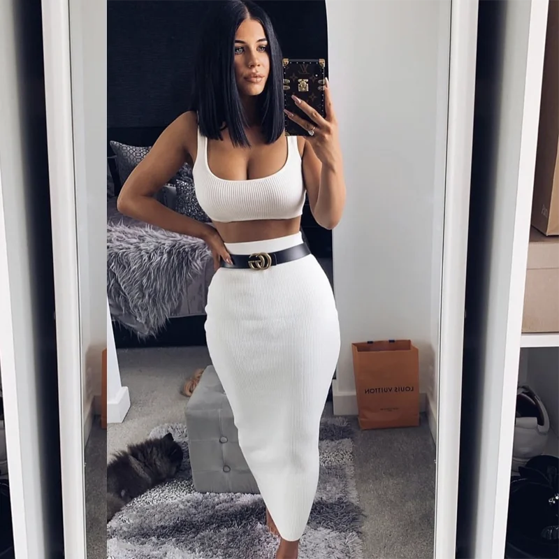 Goedkoop Newasia Tuin Tweedelige Set 2 Delige Set Vrouwen Winter Geribbelde Crop Top En Rok Set Bijpassende Sets Vrouw Twee stukken Outfits Wit