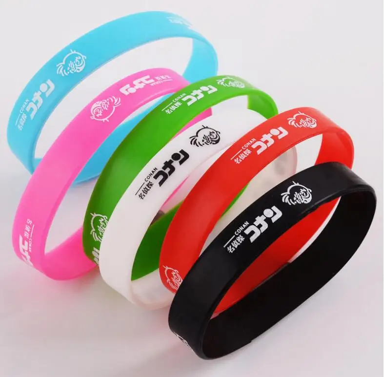 

Hot Sale 100 pcs Japanese anime Conan Wristband Silicone Promotion Gift Filled In Color Bracelet Creative Gifts
