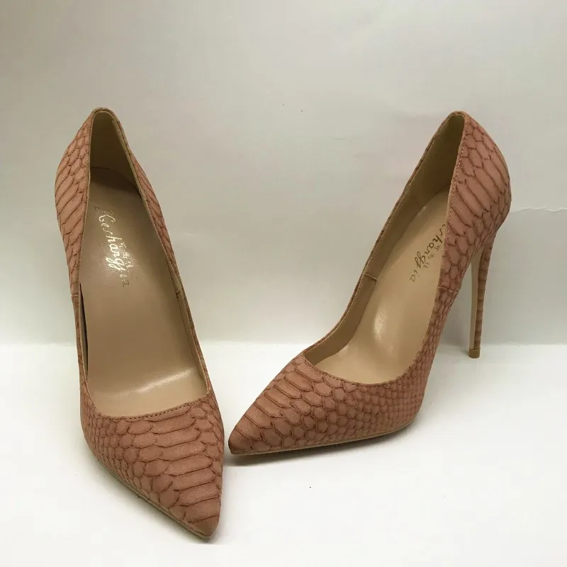 

12 cm brown snake pattern high heel slim heel pointed shallow tone elegant single shoe 10cm 34 yard
