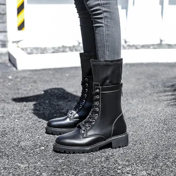 

YMECHIC Autumn Spring Slip on Womens Cross Tied Lace Up Design Biker Boots Women Black Chunky Heel Ankle Motorcycle Boots Shoes