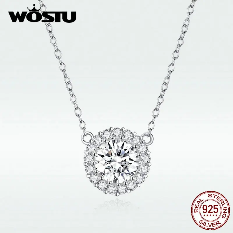 WOSTU 100% 925 Sterling Silver Delicate Zircon Necklaces Round Pendant For Women Long Chain Link Wedding Jewelry DXN345 | Украшения и