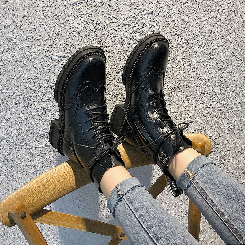 

Women's Boots Autumn Fashion Womens Shoes 2019 Round Toe Winter Footwear Booties Ladies Lace Up Low Heels booties Punk Mid Calf