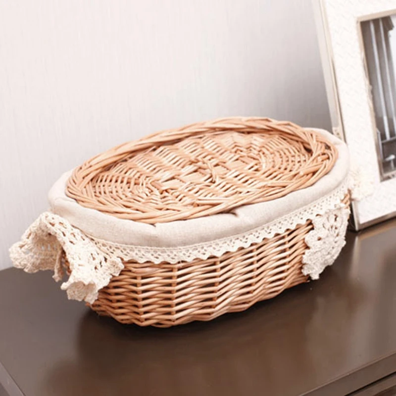 Wicker Rattan Storage Basket Large With Lid Snack Basket Home Living Room Decor Toy Debris Finishing Storage Tool Storage Basket