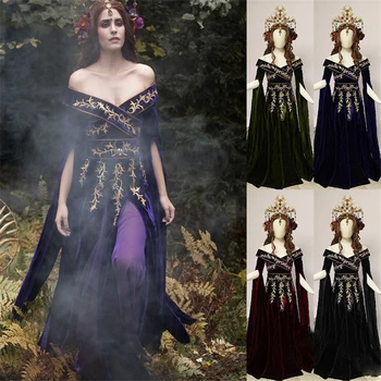 

Ancient Palace Noble Medieval Costume 2019 Vintage Women Cosplay Shoulder Off Gothic Dress Girl Halloween Carnival Party Long