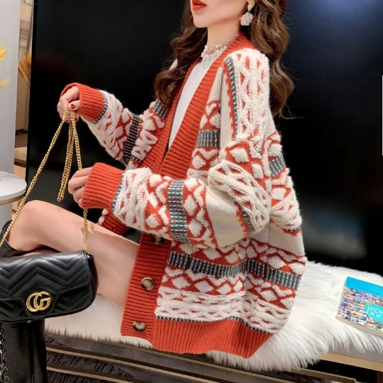 

Winter Autumn Women Geometr Sweaters Tie Dye V-Neck Long Loose Striped Korean Jumpers Candy Color Oversized Female Tops Overcoat