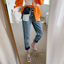 Однобортное пальто Высокая талия джинсы Для женщин большие карманы брюки-карандаш, джинсы женский хит Цвет Femme брюки осень