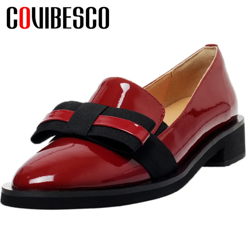 

COVIBESCO Classic Design Women Pumps Cow Patent Leather Spring Autumn Casual Butterfly Knot Shallow Pointed Toe square Heeled