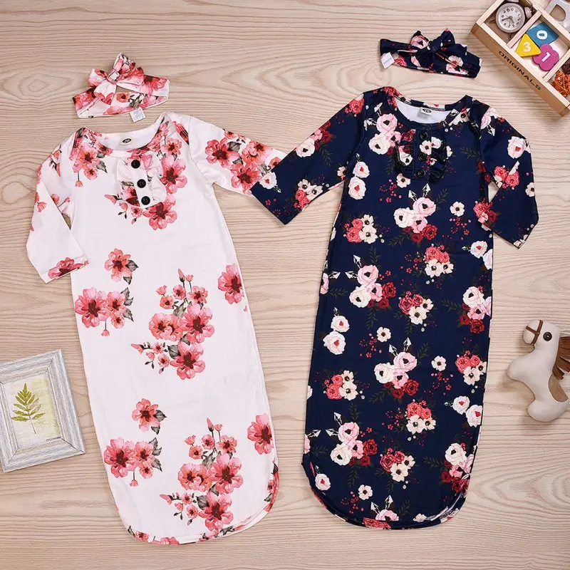 Спальный мешок с длинными рукавами для новорожденных мальчиков и девочек; одежда для сна с цветочным принтом+ повязка на голову; комплект одежды для новорожденных