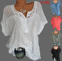 Tamanho grande solto de manga curta rendas blusas femininas blusas de algodão 2021 camisa de verão tops sexy moda feminina camisa