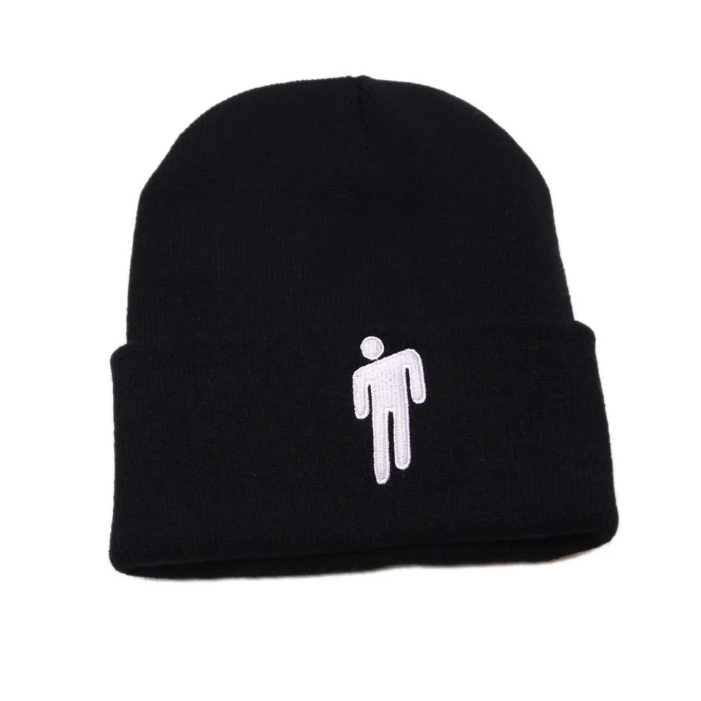 Шапка-бини с вышивкой Billie Eilish для женщин и мужчин, вязаные теплые зимние шапки для мужчин и женщин, одноцветные Повседневные шапки в стиле хип-хоп с манжетами - Цвет: Black