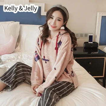 

Autumn/winter flannel pajamas women's long sleeve trousers hooded coral velvet Korean version thickened warm home clothes set