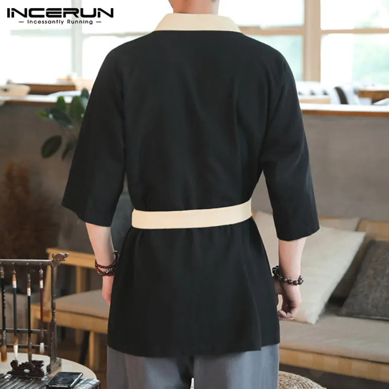 INCERUN Китайская одежда Традиционная рубашка Hanfu Мужская Лоскутная хлопковая рубашка с v-образным вырезом 3/4 рукавом винтажная рубашка для