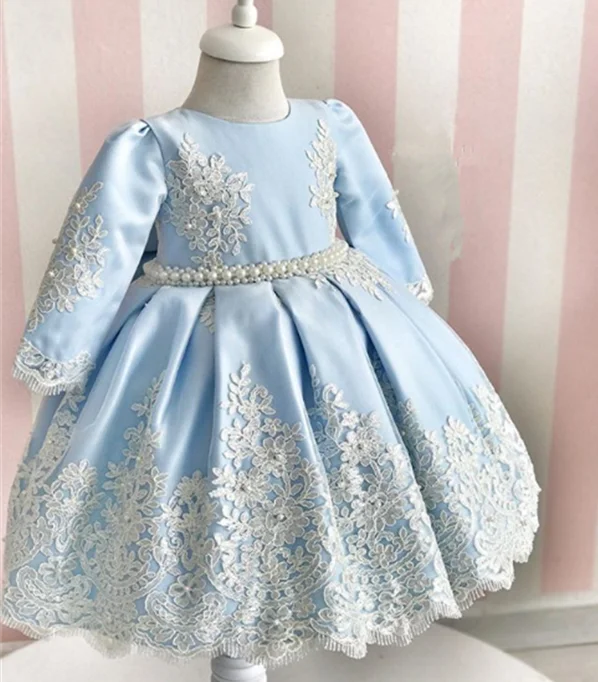 Небесно-Голубое Бальное Платье, Платья с цветочным узором для девочек кружевной Жемчуг длинные рукава, вечерние платья для девочек на день рождения 9, 12, 18, 24 месяцев