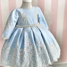 Небесно-Голубое Бальное Платье, Платья с цветочным узором для девочек кружевной Жемчуг длинные рукава, вечерние платья для девочек на день рождения 9, 12, 18, 24 месяцев