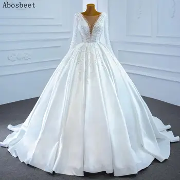 شراءAbosbeet الفاخرة اللؤلؤ الكرة ثوب الزفاف كم طويل أنيق الحرير ثوب زفاف فساتين زفاف المحكمة قطار الخامس الرقبة