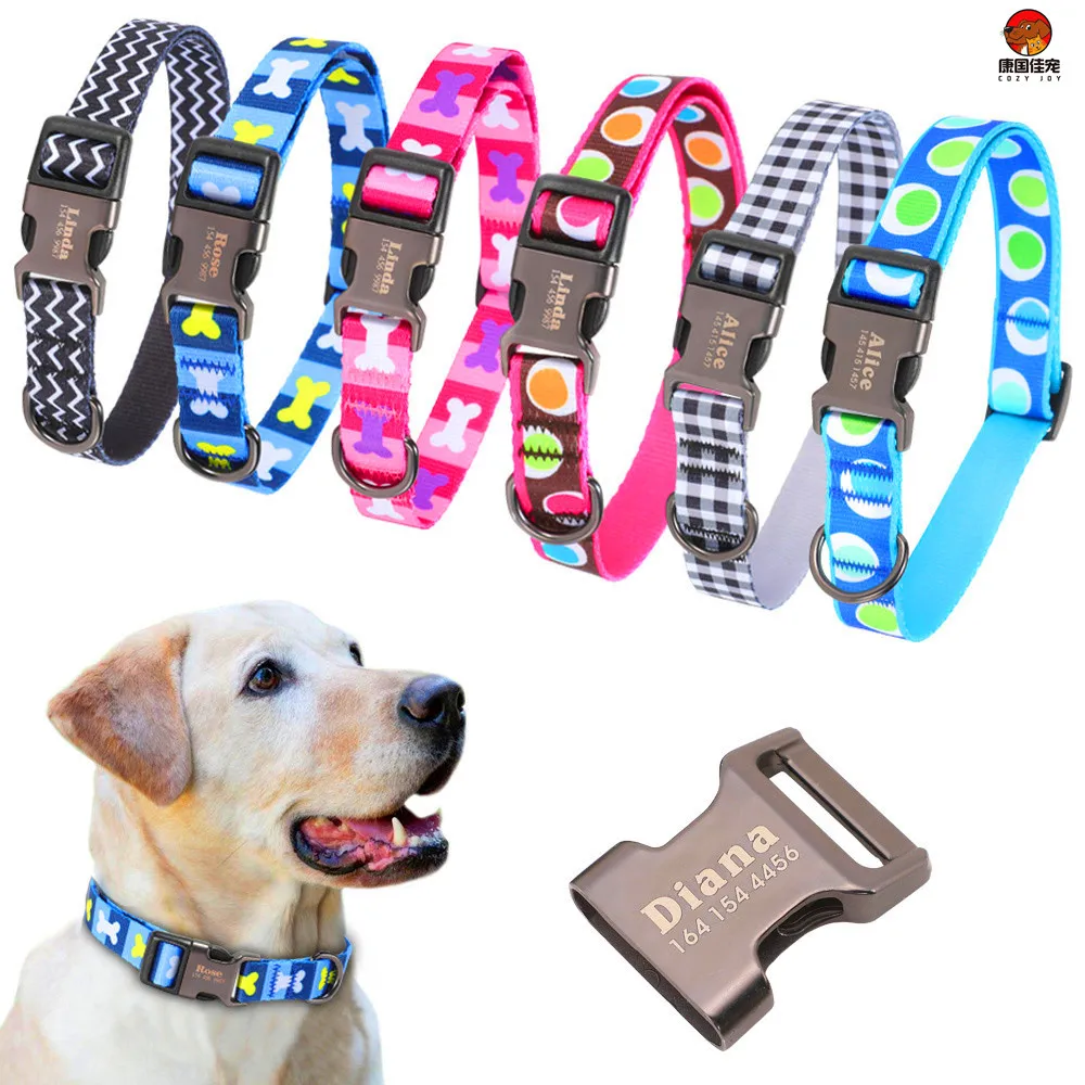 Acogedor Collar para perro JOY, etiqueta de Mascota de Nylon personalizada, placa con nombre para cachorro, collares de identificación ajustables para perros medianos y grandes grabados