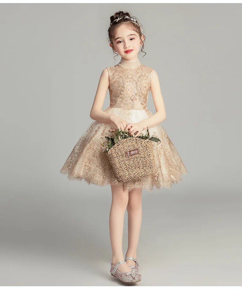 Children's Princess Dress Girl's Wedding Dresses Girl Sleeveless Evening Dress Gold Sequins Dress Baby Girl Baptism Pageant Gown