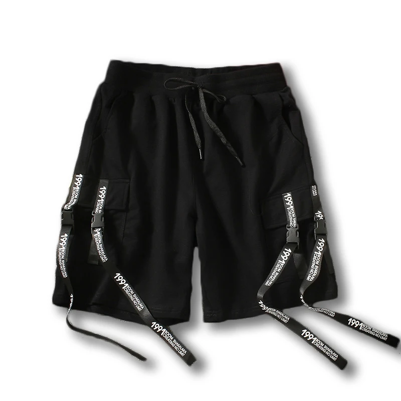 Шорты мужские с лентами в стиле хип-хоп черные повседневные облегающие Бермуды