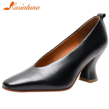 

karinluna New Fashion 2020 Genuine cow Leather Strange Style shoes woman pumps female slip on concise pumps women shoes