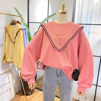 

Simple Embroidered Letter Stitching Wooden Ear Loose Cotton Sweatshirt Solid Color Teenager Long-Sleeved Pullover Hoodie Women