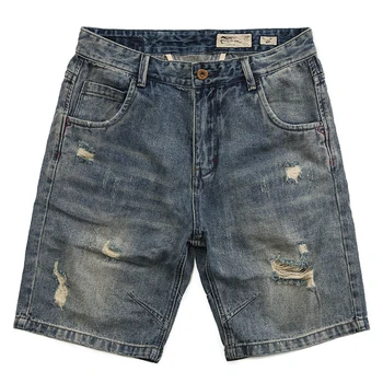 

Denim shorts men's tide washed old blue loose straight tube holes five points jeans summer