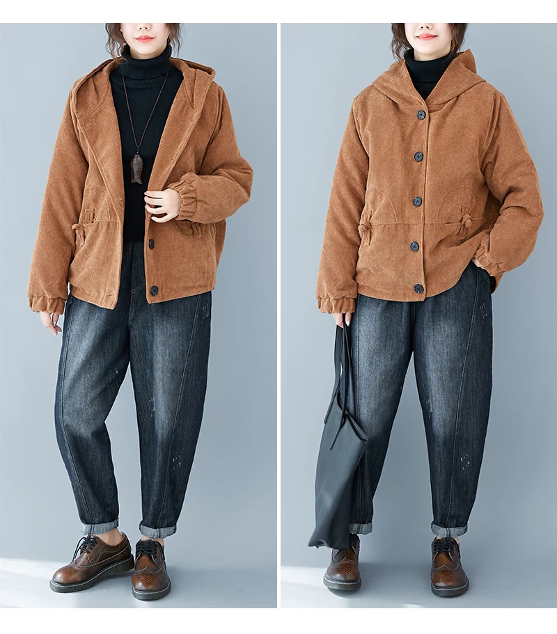 5XL вельветовые куртки женские пальто размера плюс с длинным рукавом с капюшоном винтажные укороченные куртки осенние корейские хлопковые пальто верхняя одежда
