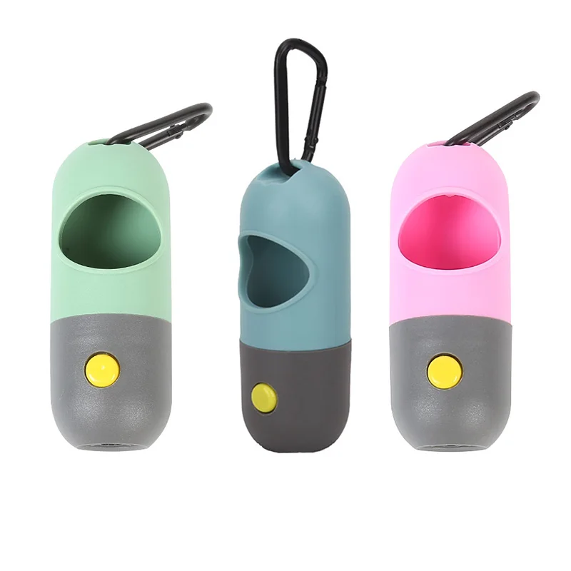 Dispensador de bolsas de caca de perro Degradable, bolsas de basura portátiles para mascotas al aire libre, luz LED, dispensador ecológico de bolsas de basura