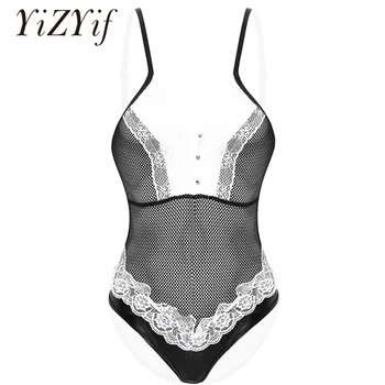 

Women Lace Bodysuit Sleepwear See-through Netted Sexy V-neck Female Underwear One-piece Teddy Bodysuit Exotic Lingerie Nightwear