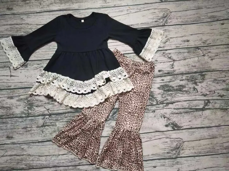

Kids Baby girls fall black tunic with leopard bell bottom big ruffle pants boutique clothing toddler sets