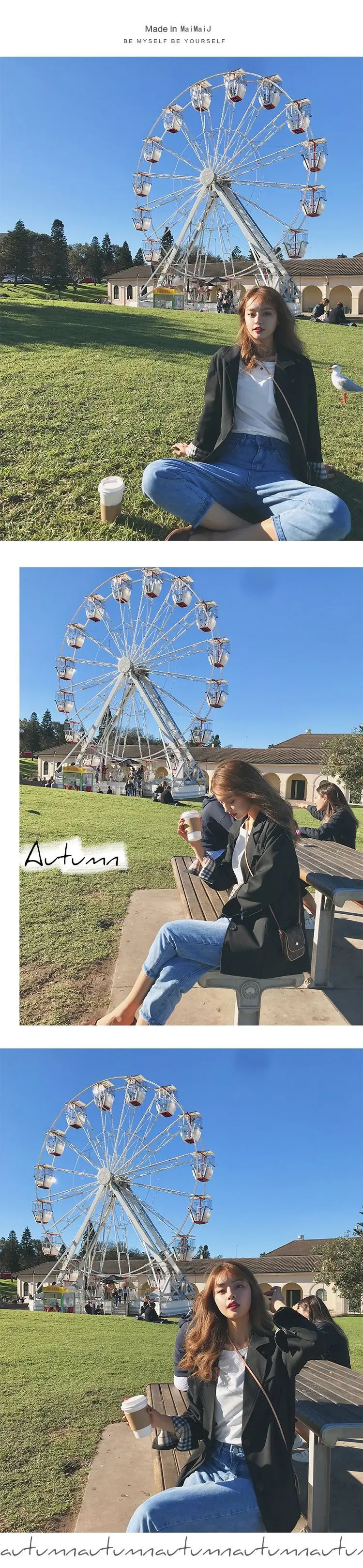 Фото фотосессия основной Push INS кремовый абрикос молния Revers плед манжеты однобортный свободный маленький костюм куртка женская