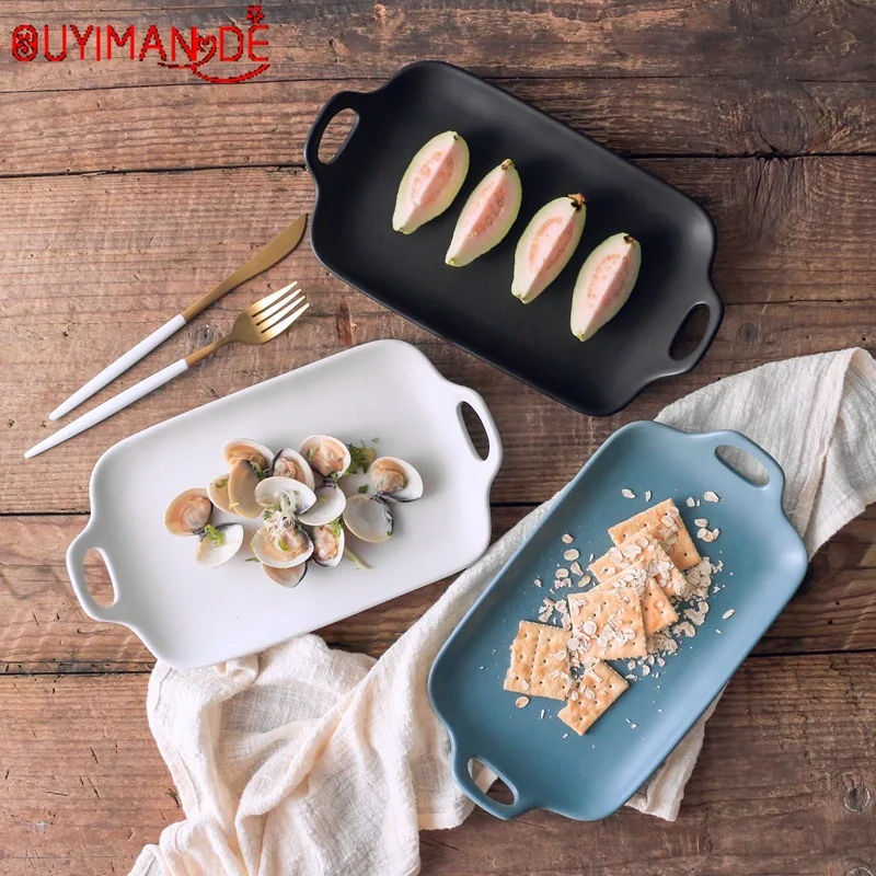 

Fashion Nordic Creative Breakfast Plate Baking Plate Fish Plate Steak Plate Delicate Tricolor Matte Double Ear Rectangular Plate