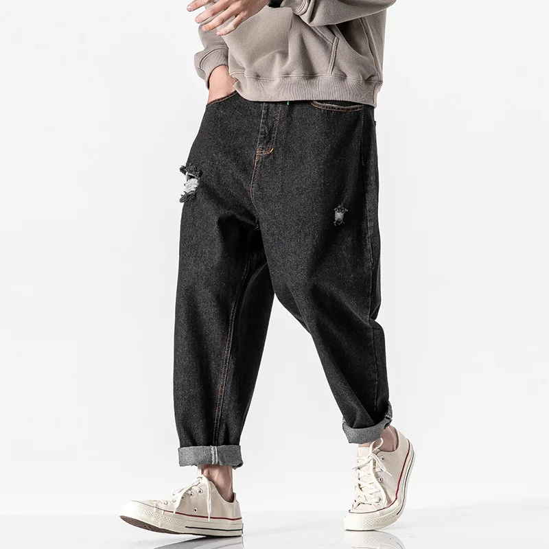 

Wu Airlines 2020 Spring New Style Workwear Casual Pants Men Light Blue Jeans Loose-Fit Versatile with Holes Ripped Jeans