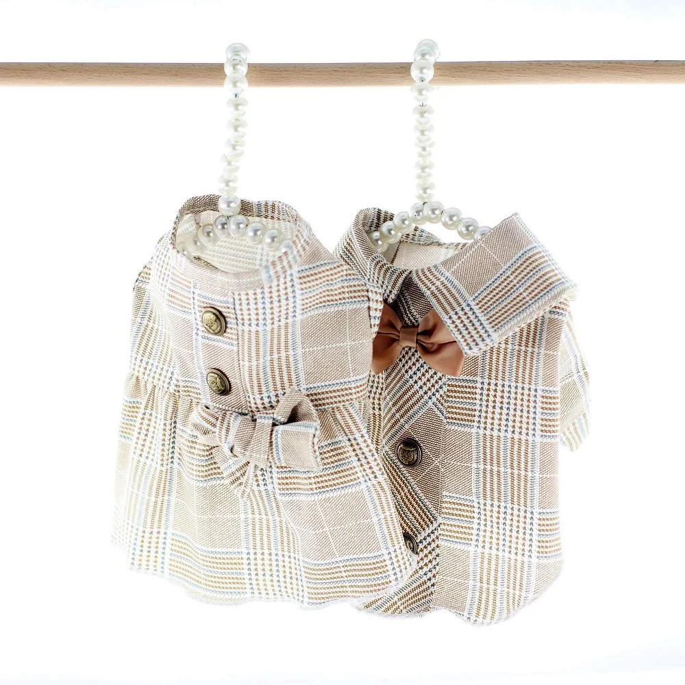 Ropa de verano para perros, traje khaki fresco a cuadros con lazo, camisas con botones a presión, vestidos de decoración