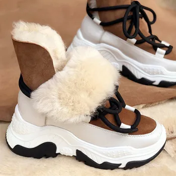

New Genuine Leather Female Snow Boots Winter Boots women flat Plus velvet Ankle boots Non-slip Keep warm wool Women's sneakers