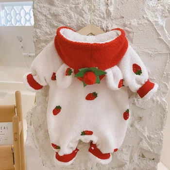 

Winter Warm Newborn Baby Girls Strawberry Hooded Thick Lamb Wool Fleece Rompers Infant Jumpsuits Toddler Kids Clothes