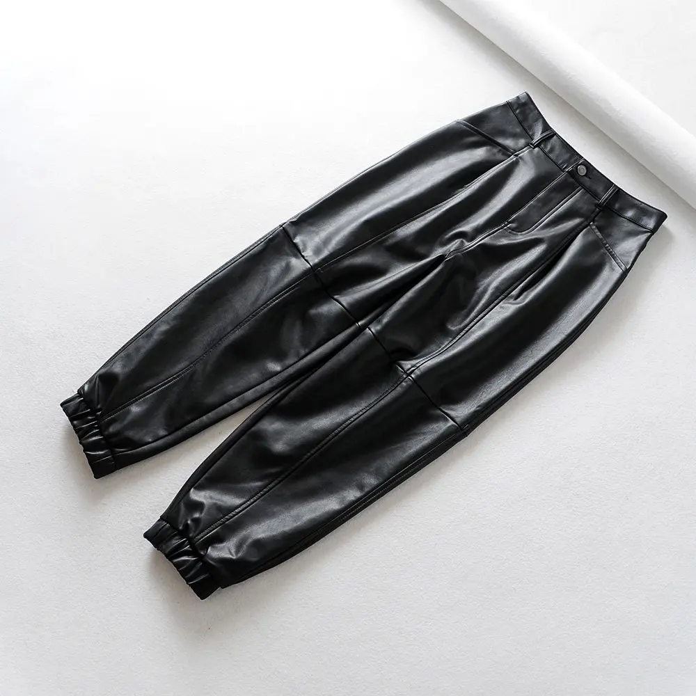 Увядшие английские винтажные комбинированные шаровары, черные кожаные свободные штаны из искусственной кожи, женские штаны, женские брюки, женские брюки