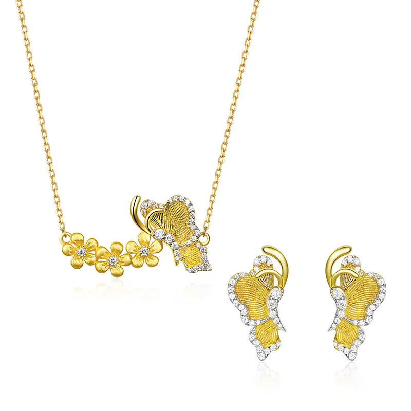 Bamoer, Летающая бабочка с цветком, 4 шт., ожерелье, серьги-гвоздики и кольцо, ювелирные наборы, 925 пробы, серебро, свадебные ювелирные изделия ZHS155 - Цвет камня: Earrings  necklace