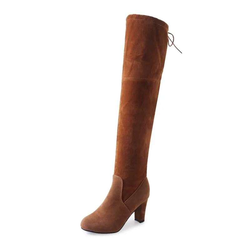 Brown Winter Shoes Woman Fashion Over The Knee Sexy High Heels Slim Winter Boots Women Shoes Flock Snow Boots - Цвет: Brown
