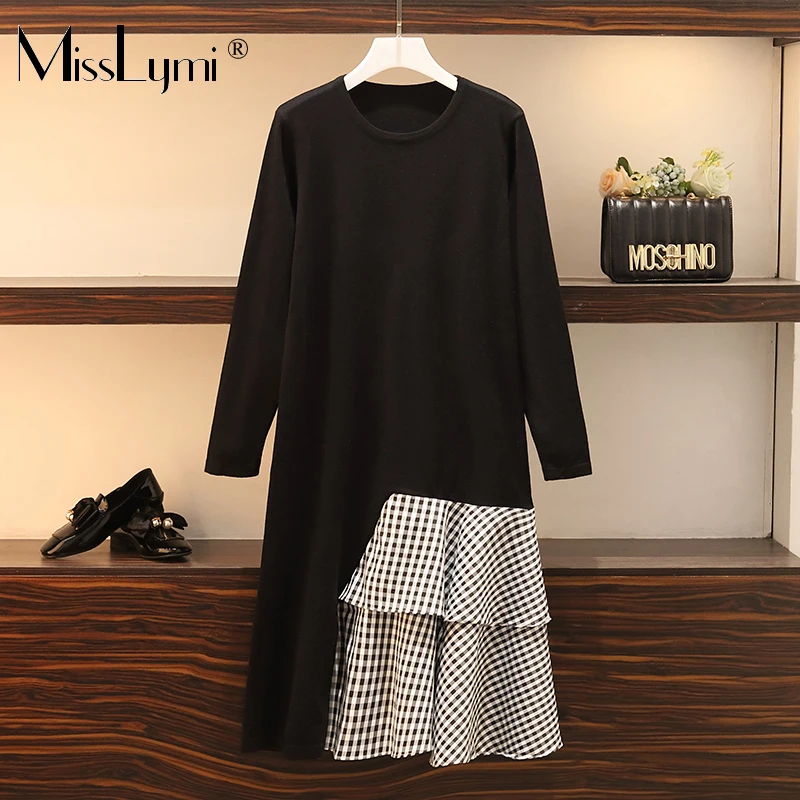 L-4XL Plus Size Women Knitted Dress Autumn Fashion Long Sleeve Patchwork Plaid Ruffle Loose Casual Ladies A-Line Dresses